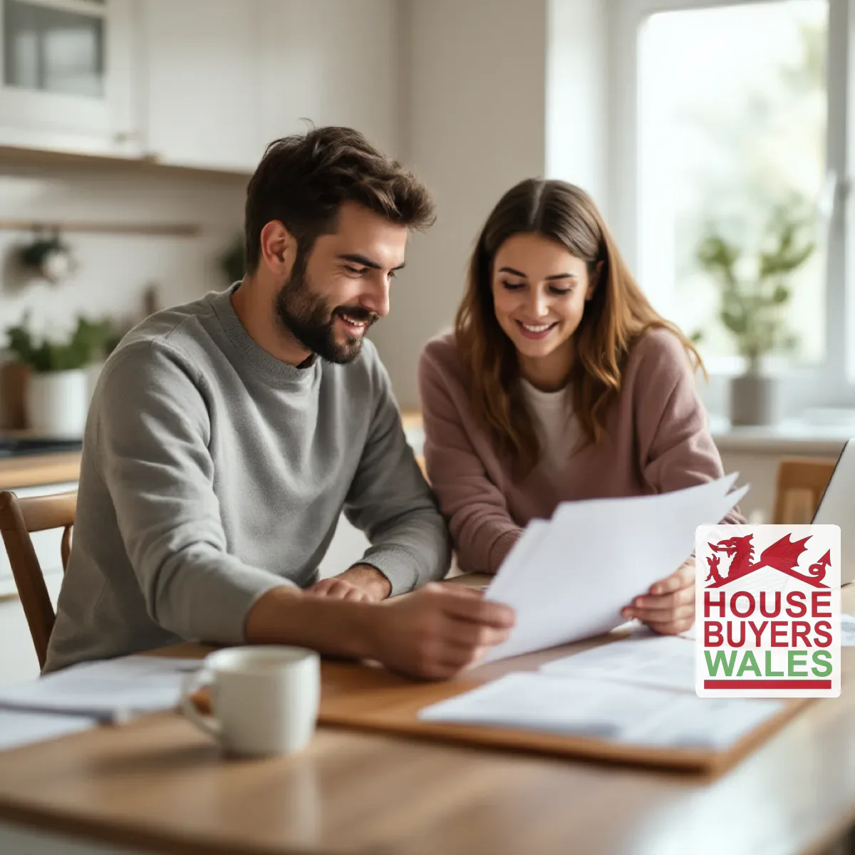 A homeowner and a genuine cash buyer reviewing proof-of-funds paperwork together at a kitchen table