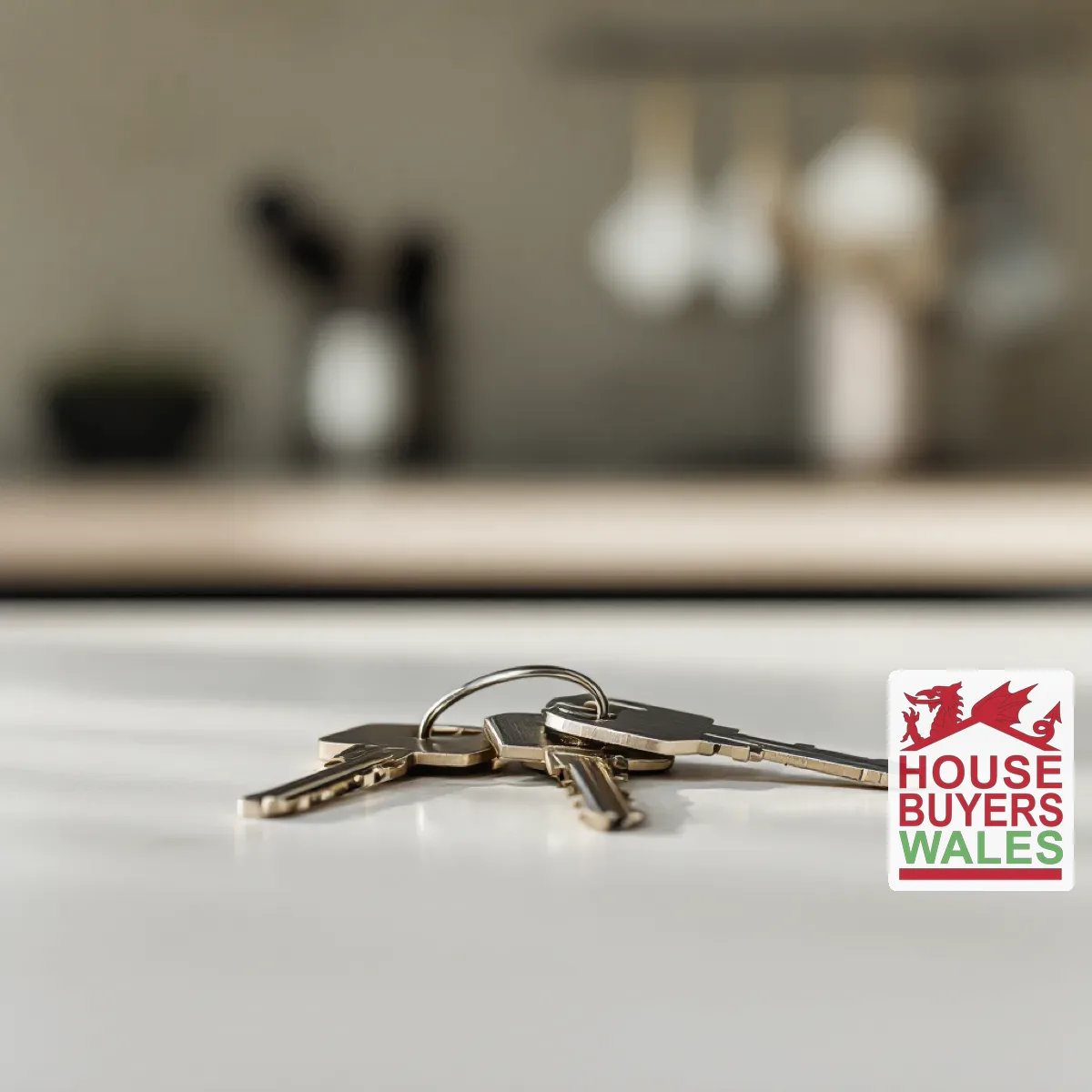 Two house keys resting on a kitchen worktop